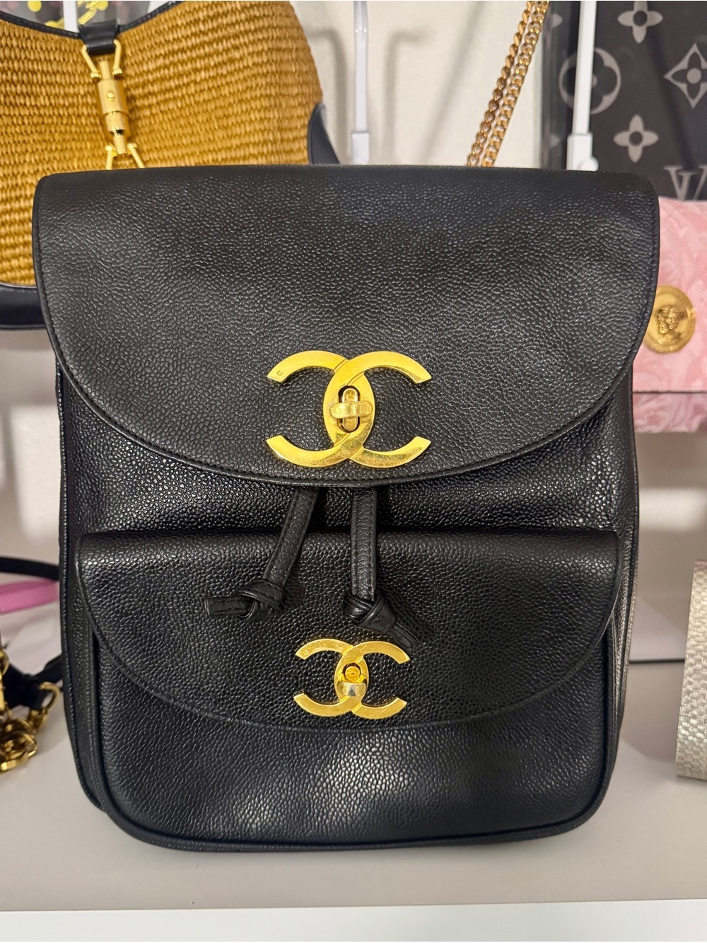 CHANEL 1995 Double Turnlock Black Caviar Leather Backpack with Gold CC Hardware